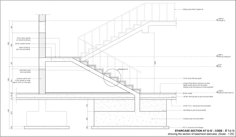 Технически чертеж на стълбище, изготвен в AutoCAD, с разрез, размери и детайли