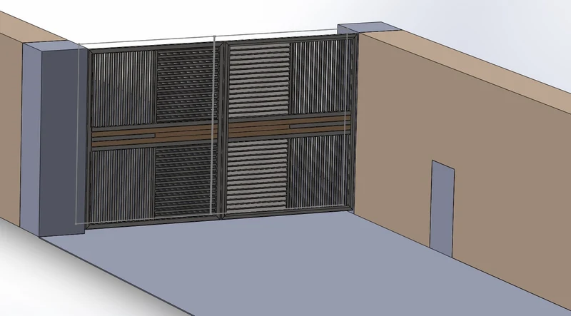 3D-Visualisierung eines Metallhoftors mit senkrechten Profilen und waagerechten Lamellen