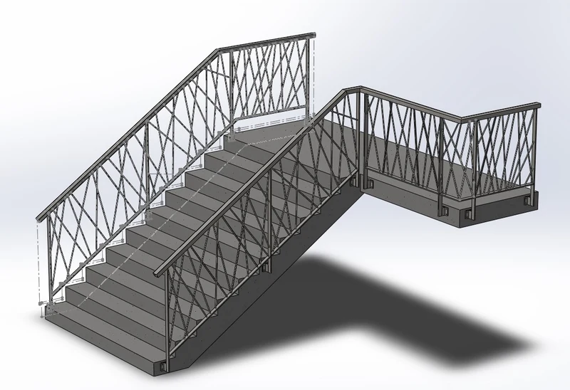 3D-Visualisierung von Metallgeländern mit sich kreuzenden diagonalen Stäben an einer Treppe und einem Podest