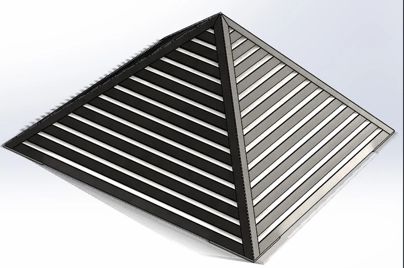 3D-Visualisierung einer pyramidenförmigen Metallkonstruktion mit Lamellen
