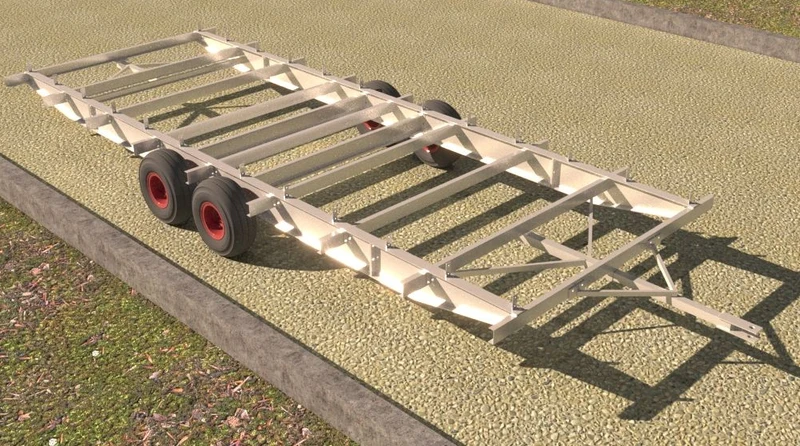 3D-Visualisierung eines zweiachsigen Anhängerfahrgestells aus Metall