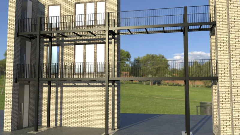 3D-Visualisierung einer Metallkonstruktion mit Plattformen zwischen zwei Gebäuden